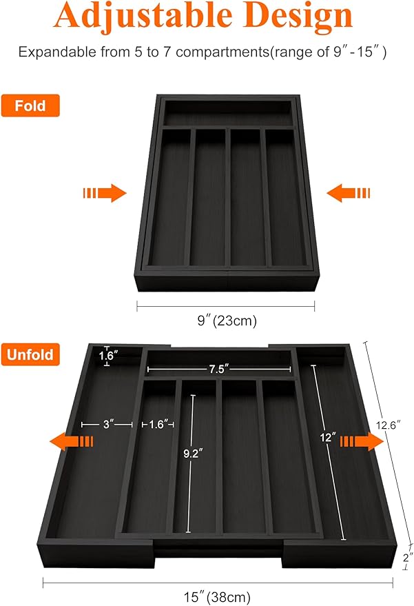 Expandable Bamboo Kitchen Drawer Organizer Utensil Tray Black Wood Silverware Organizer Adjustable Wooden Cutlery Tray for Fork Spoon Organizer Large Cooking Utensil Holder Drawer Flatware Organizer-NeatNest