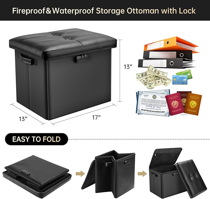 DocSafe Storage Ottoman with Lock,Fireproof Folding Ottoman Foot Rest Stool Storage Chest with Storage Safe for Important Documents,Waterproof 17 Inches Short Ottoman Foot Stool with Handles,Black-NeatNest