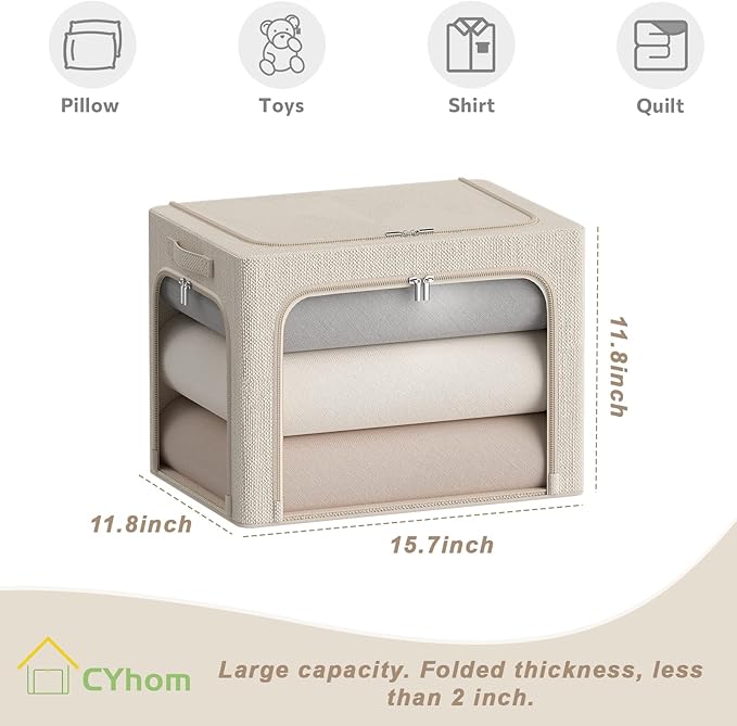 3Pack Stackable Foldable Storage Bin - Metal Frame Storage Box with Clear Window, Carry Handles (36L-15.7x11.8x11.8in, Beige)-NeatNest