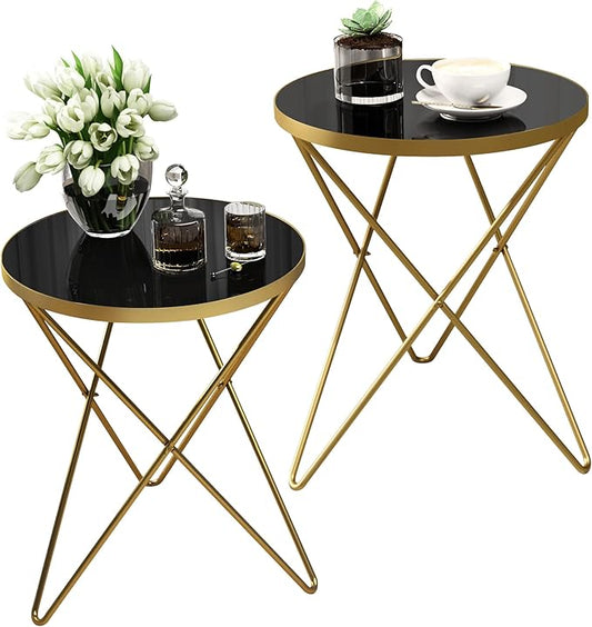 HLR Modern Round Side Table Set of 2, End Table with Marble Effect Top and Gold Metal Frame, Small Side Table for Living Room, Bedroom, Sofa and Couch, Gold Legs, Black Glass top