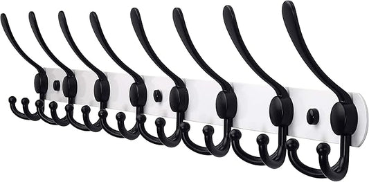 Dseap Coat Rack Wall Mount - 29.5” Long 8-Tri-Hooks Heavy Duty Coat Hanger Rail Wall Hooks for Hanging Coats Hats Clothing Clothes Purse Mudroom Entryway, White & Black-NeatNest
