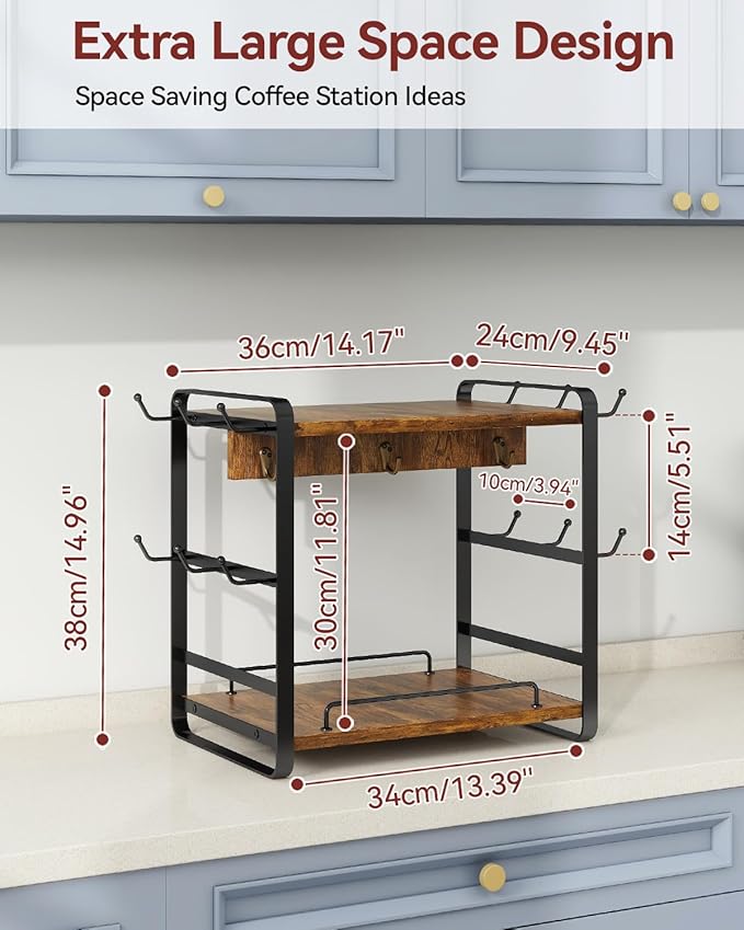 IBUYKE Coffee Bar Station Countertop Organizer,2 Tier Kitchen Mug Cup Holder Stand,Wooden Coffee Mug Organizer with 18 Hooks,Multifunctional Mug Tree for Home Kitchen, Office,Vintage Brown UTBJ006H-NeatNest