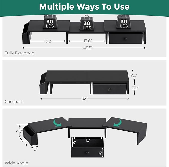 Dual Monitor Stand Riser, Adjustable Length & Swivel Angle Monitor Stand, Ergonomic Monitor Stand with Drawer & Side Pockets, Desktop Organizer and Office Desk Accessories, Black
