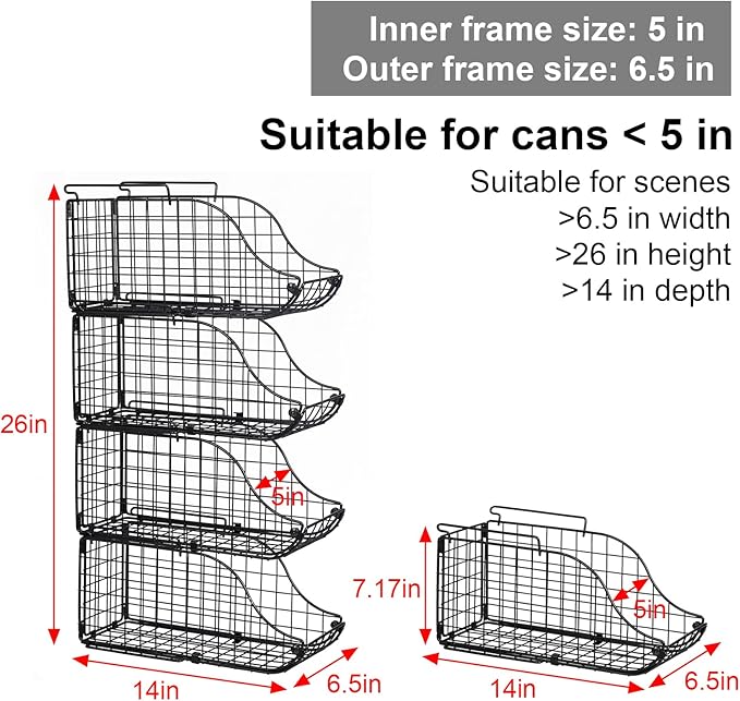 4-Pack Stackable Canned Food Organizer with Handles for Kitchen, Soda Can Organizer for Pantry Shelves, Wire Cabinet Shelf for Can Storage, Foldable Soda Dispenser, Patent Pending, Black