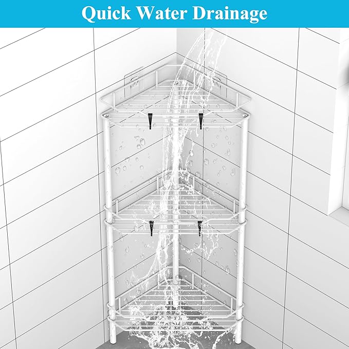 3 Tier Floor Standing Corner Shower Caddy Organizer Shelf with Hooks, Bathroom Shelves Stand Rack, White