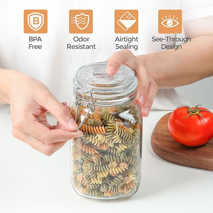 ComSaf Airtight Glass Canister Set of 3 with Lids 50oz Clear Food Storage Jars Square, Kitchen & Pantry Organization Food Storage Container for Canning, Sugar, Flour, Pasta, Candy, Cereal, Coffee-NeatNest