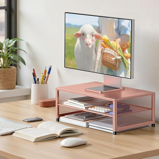 Computer Monitor Stand Riser, Desk Organizers and Accessories, Printer & Laptop Stand, Office Desk Accessories & Desktop Workspace Organizers for Office Supplies (Rose Gold)-NeatNest
