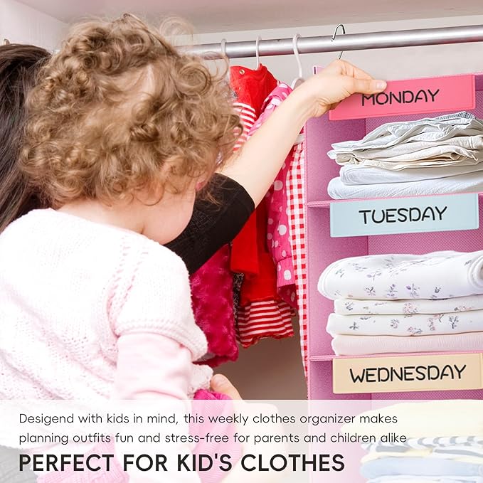 VERONLY Weekly Hanging Closet Organizer for Kids, 6-Shelf Clothes Storage with Labeled Days of The Week Monday Through Friday, Weekday and Weekend, Days of The Week Clothes Organizer-NeatNest
