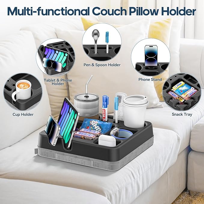 Couch Cup Holder Tray Couch Cup Holder Pillow Bed Tray Snack Sofa Bed Caddy Organizer Beach Sofa Drink Holder Anti-Spill Portable Snack Caddy Couch Remote Holder for Phone Pad Kindle Beverage Black-NeatNest