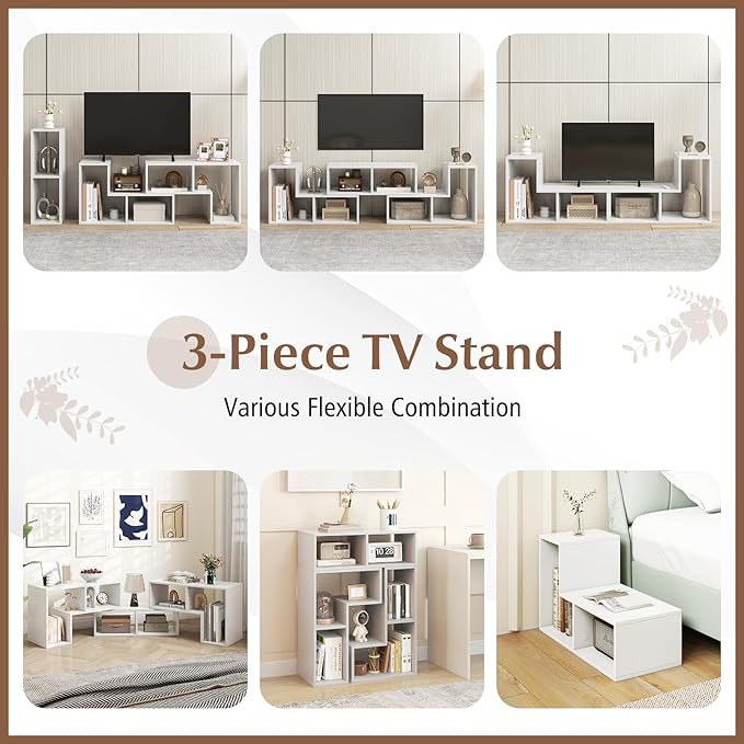 Giantex Free-Combination TV Stand for Bedroom - Entertainment Center for 50 55 60 65 Inch TV, 3-Piece Media Console Table with Storage Cubes, Deformable Open Storage Bookcase Shelf (White)-NeatNest
