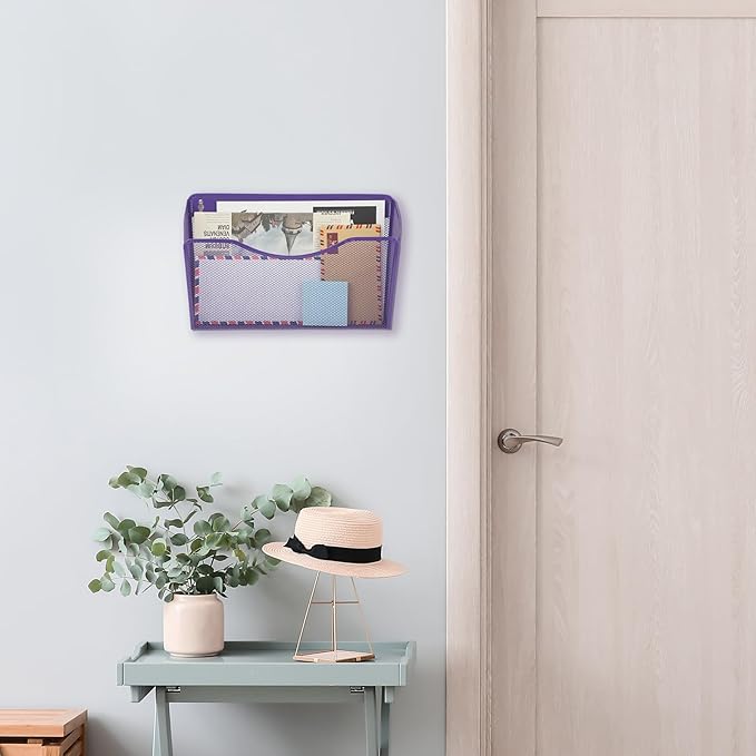 EASEPRES 3 Single Pocket Mesh Hanging File Organizer, Vertical Wall Mounted Magazine File Holder, Mount Basket Mail Paper Document Folder Organizing for Office, Home and School, Purple