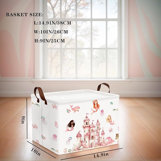 Cute Rectangle Baby Girl Gift Basket Toy Storage Bin Nursery Playroom Bedroom Decor (Pink Castle)-NeatNest