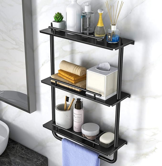 Floating Shelves, 3 Tier Wall Mounted Metal Floating Shelves Black with Frame and Towel Rack for Bathroom, Living Room, Bedroom, Kitchen