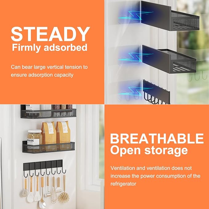 3-Pack Magnetic Spice Rack for Refrigerator - Heavy Duty Metal Kitchen Organizer with Hooks, Space-Saving Cabinet Storage, Rustproof & Easy to Clean