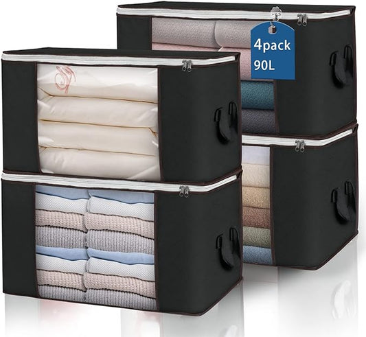 Large Storage Bags, 4 Pack Clothes Storage Bins Foldable Closet Organizers Storage Containers with Durable Handles Thick Fabric for Blanket Comforter Clothing Bedding 90 L (Black)-NeatNest