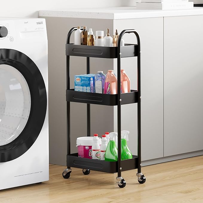 3 Tier Slim Metal Rolling Storage Cart for Laundry Room Storage & Kitchen Organizer, 7.1'' Wide Thin Shelf for Narrow Spaces, Rolling Cart with Wheels & Lockable Casters for Bathroom, Black