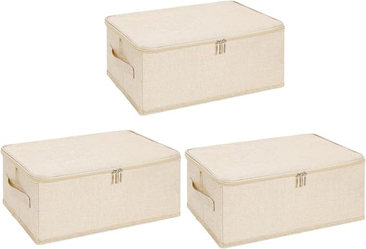 ANMINY 3PCS Storage Bins with Zipper Lids 13 Qt Lidded Fabric Storage Boxes Baskets Cubes with Handles Collapsible Washable Cotton Linen Closet Shelf Clothes Organizer Containers - Beige, Small-NeatNest