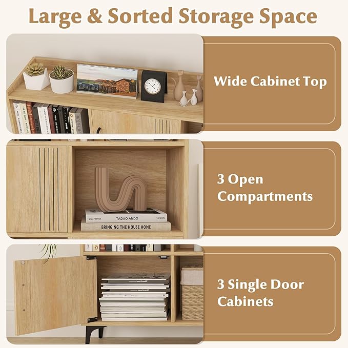 Giantex Storage Cabinet, Sideboard with 3 Doors, 3 Open Compartments, Bookcase with 5 Raised Metal Legs, Buffet Table, Bookshelf, Floor Cabinet for Living Room Display, Dining Room, Entryway, Oak