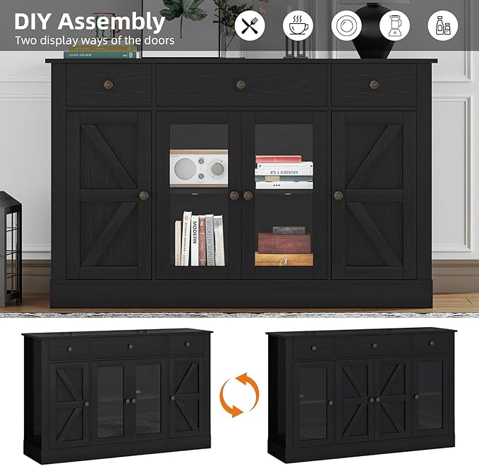 4 EVER WINNER Sideboard Buffet Cabinet with Storage, 55" Coffee Bar Cainets with 3 Drawers and Glass Doors, Farmhouse Buffet Cabinet for Kitchen, Living Room-NeatNest