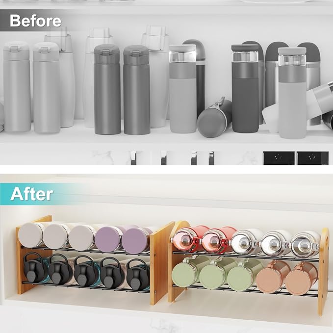 4 Tier Water Bottle Organizer, Stackable Bamboo Water Bottle Holder, Water Bottle Storage Rack Tumbler Travel Mug Cup Organizer for Kitchen Cabinet Countertop Pantry (Black)-NeatNest
