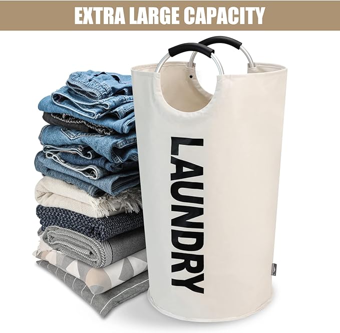 DOKEHOM 90L Large Laundry Basket, Collapsible Laundry Bag, Freestanding Tall Clothes Hamper, Foldable Washing Bin (Beige)-NeatNest