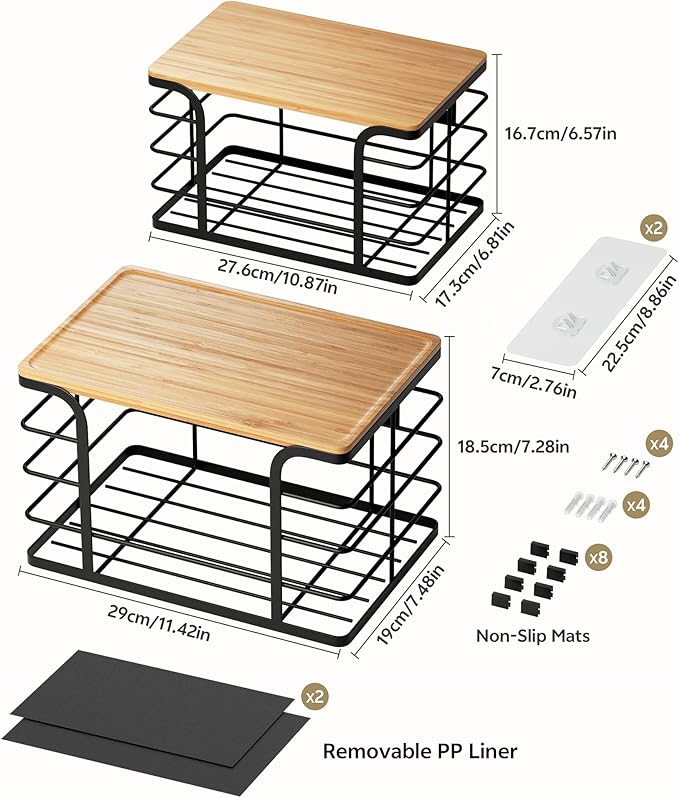 2 Pack Onion Storage,Stackable Pantry Organizers and Storage with PP Liner and Bamboo Top,Kitchen Organization Counter Basket for Fruits,Produce,Vegetable, Black