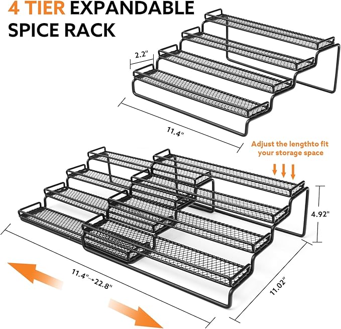 2 Pack Spice Rack Organizer for Cabinet, 4 Tier Expandable Seasoning Organizer Shelf, Spice Holder with Protection Railing, Metal, Black-NeatNest