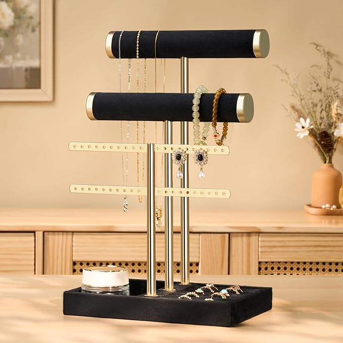 3 Tier Bracelet Holder Display - Detachable T Bar Black Velvet Bracelet Holder, Jewelry Holder Organizer for Bracelet, Necklace, Earrings, Rings