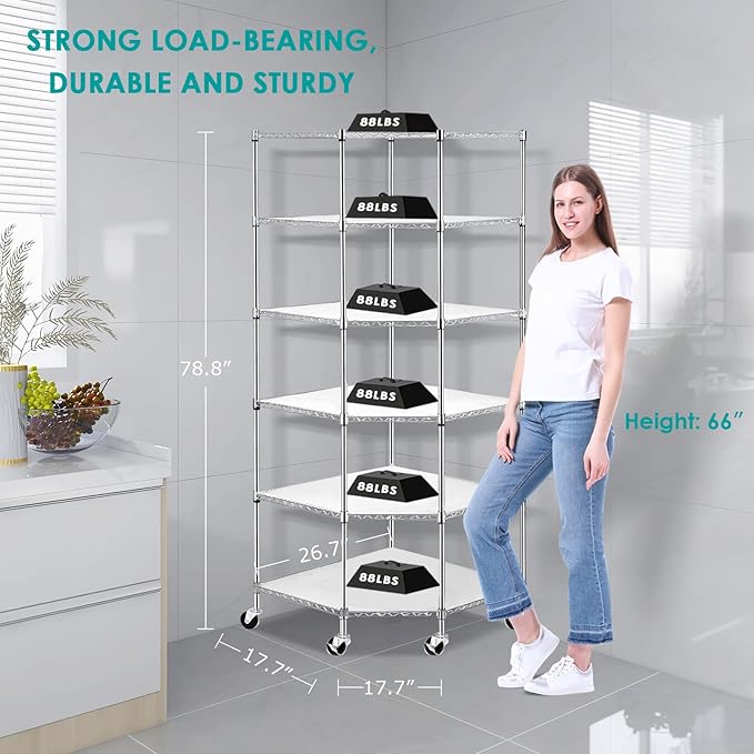BNSPLY 6 Tier Corner Wire Shelving Unit, Adjustable Metal Storage Rack, Mobile Corner Wire Shelves for Kitchen, Laundry, Bathroom, Pantry, Closet Organization (26.7" D x 26.7" W x 71" H, Chrome)-NeatNest