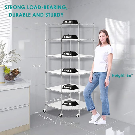 BNSPLY 6 Tier Corner Wire Shelving Unit, Adjustable Metal Storage Rack, Mobile Corner Wire Shelves for Kitchen, Laundry, Bathroom, Pantry, Closet Organization (26.7" D x 26.7" W x 71" H, Chrome)-NeatNest