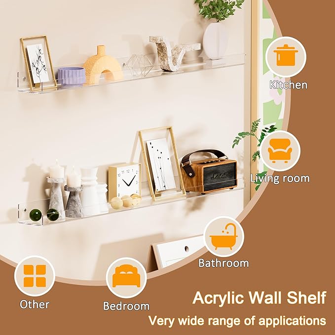 36'' Clear Acrylic Wall Long Shelf 2 Pack, Acrylic Floating Book Shelves, Wall Mounting Invisible Ledge Book Shelf-NeatNest