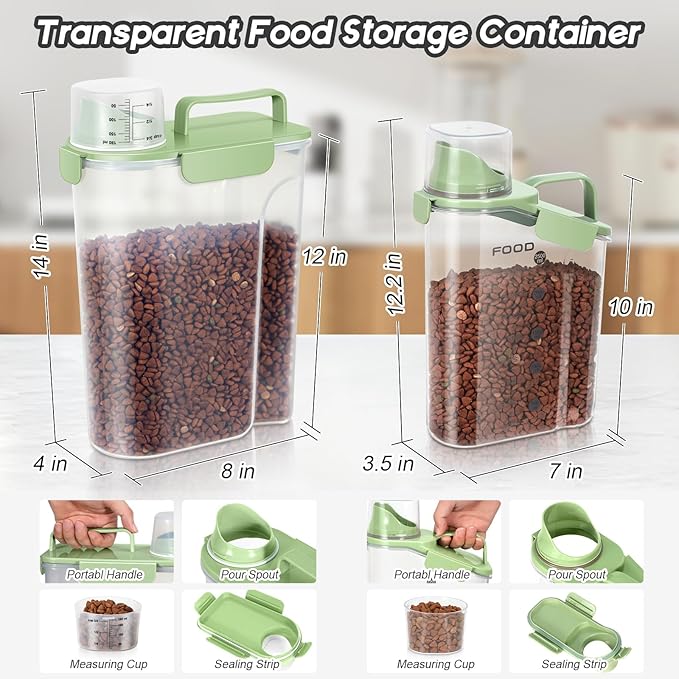 8-12 LBS Cat Dog Pet Food Storage Container, Plastic Dispenser Upgraded Large Nozzle, BPA-free, With Sealed Clasps, Measuring Cup and Handle, Easy to Clean and Carry -2 Packs Leaf Green-NeatNest