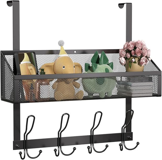 Over The Door Hooks Organizer with 12 Hooks, Over The Door Storage Rack with Mesh Basket,Back of Door Storage Organizer Over The Door Hanger for Bedroom,Bathroom,Kitchen, Pantry, Black