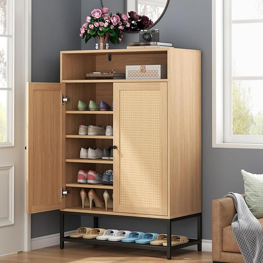 Rattan Shoe Organizer with Doors, Shoe Storage Cabinet with Adjustable Shelves for Entryway, 7-Tier Entryway Shoe Rack Storage for Hallway, Closet, Living Room-NeatNest