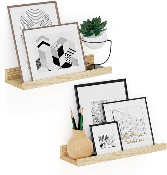 Floating Shelves Wall Mounted Set of 2,Wall Shelves for Decor Storage 15.7 Inch, Wall Mounted Wood Shelves for Bedroom, Living Room, Bathroom, Kitchen, Office, Natural-NeatNest