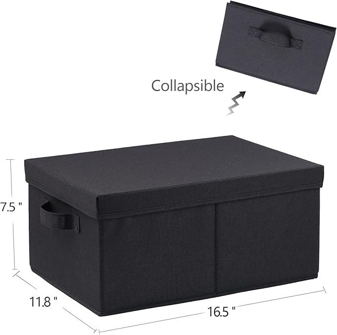 HOONEX Storage Bins with Lids for Organizing, Pack of 2, Storage Boxes with 2 Carrying Handles and Sturdy Heavy Cardboard, 16.5" L x 11.8" W x 7.5" H for Shoes, Books, Clothes, Black-NeatNest