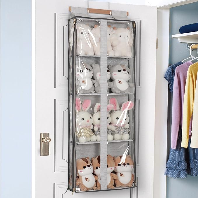 Clear Hanging Handbag Storage Organizer with Zippers, Easy Access Purse,Toy,Yarn,Hat Storage Holder Over The Door Purse Organizer Space Saving 4 Pockets for Closet Bedroom Living Room (Grey)-NeatNest