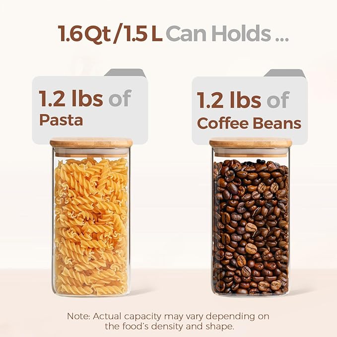 ComSaf Airtight Glass Storage Canister with Wood Lid (1.6 Qt), Clear Food Storage Container Jar with Sealing Lids for Oat Pasta Flour Cereal Rice Sugar Tea Coffee Beans, Set of 3 Square Cookie Jar-NeatNest
