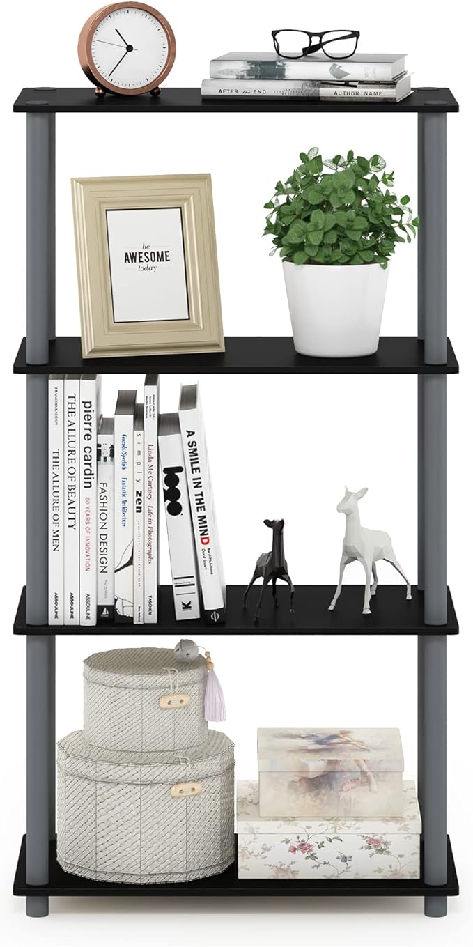 Furinno (99557BK/GY) Turn-N-Tube 4-Tier Multipurpose Shelf Display Rack - Black/Grey-NeatNest