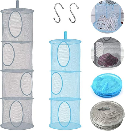 2pcs Hanging Mesh Storage Organizer Bag Foldable Space Saving Organizer with 2pcs S Hooks for Room Bathroom Wall Balcony Wardrobe(Grey，Blue)-NeatNest