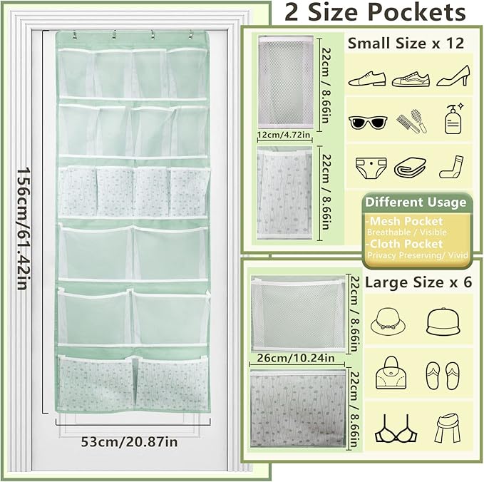 18 Pocekts Over the Door Shoes Organizer,Behind Door Hanging Storage Pocekt for Sock,Underwear,Hat,Handbag,Back of Door Hanging Shelf for Bedroom,Bathroom,Entryway,Storeroom,Pantry,Dorm,Nursery,2 Pack-NeatNest