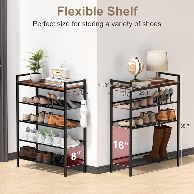 Refrze Shoe Rack for Front Door Entrance, 5 Tier Height-Adjustable Metal Shoe Rack, Sturdy Wooden Top and Tiltable Steel Frame Heavy Duty Shoe Organizer for Bathroom,Bedroom,Kitchen，Include Hook-NeatNest