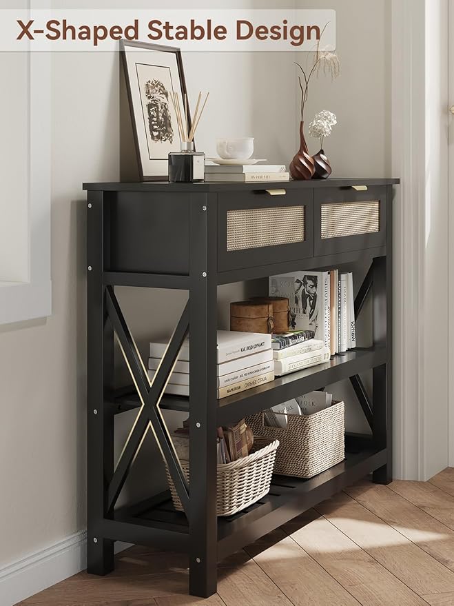 Console Table with 2 Rattan Drawers, Wooden Entryway Table with 3-Tier Storage Shelves, Display Shelf for Entryway, Hallway, Foyer and Living Room, Black-NeatNest