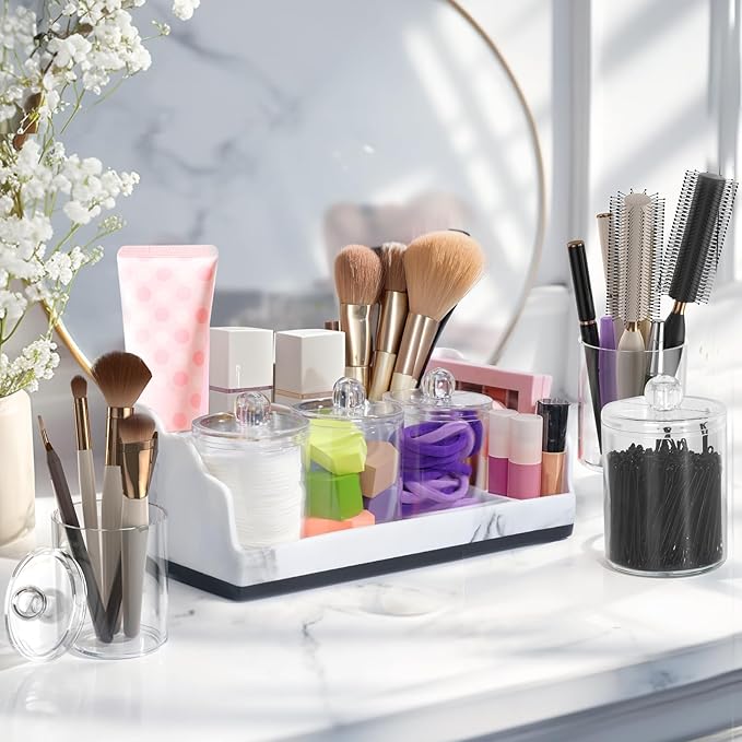 Bathroom Counter Organizer with 3PCS Qtip Holder, Marble Toothbrush Holders for Bathrooms, Bathroom Organizers and Storage with Drain Holes, Electric Toothbrush Holder, Vanity Organizer