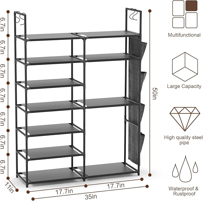 Kottwca 7 Tiers Shoe Rack Metal Shoe Organizer for Entryway Closet, 24-28 Pairs Stackable Shoe and Boots Shelf Storage Cabinet with Hooks and Side Hanging Pockets for Bedroom, Garage, Black-NeatNest