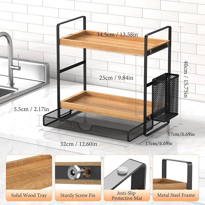 2 Tier Spice Rack Organizer for Countertop with Drawer and Basket, Suitable for Coffee Organizer, Kitchen Counter Storage, Bathroom Storage-NeatNest