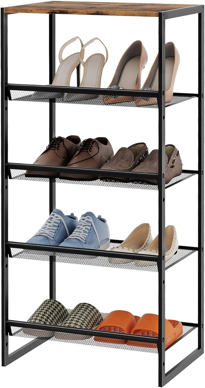 Garden 4 you 5 Tiers Narrow Shoe Rack,Small Space Freestanding Shoe Storage Organizer with Brown Wooden Tabletop,Adjustable Metal Shelf Stackable Shoe Shelf for Entryway Hallway Living Room Closet-NeatNest