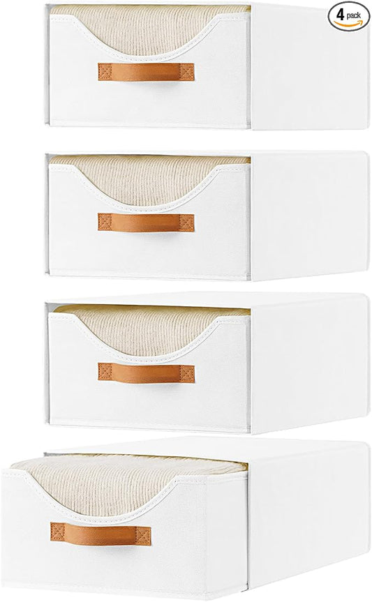 4 Pcs Closet Drawers and Large Size Clothes Storage Bins Push-Out Storage Stackable Shelf Drawers with See-Through Window Closet Organizers for Bedroom, Living Room, Under Bed, White-NeatNest