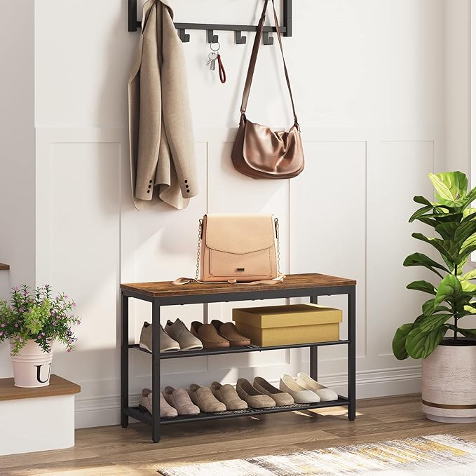 HOOBRO Shoe Bench, 3-Tier Shoe Rack, Industrial Shoe Organizer Storage Bench, 29.5 inches Entry Bench with Mesh Shelves, for Entryway, Living Room, Hallway, Easy Assembly, Rustic Brown BF75HX01-NeatNest