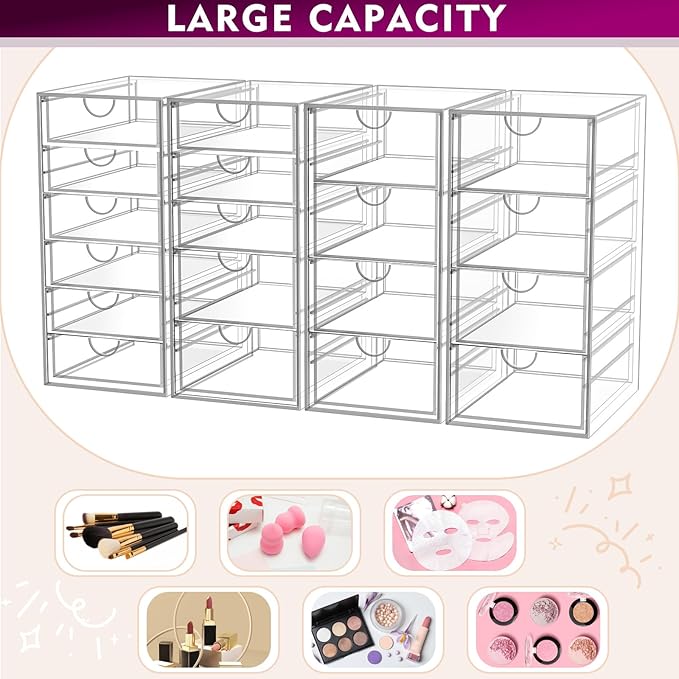 Acrylic Makeup Organizer with 19 Drawers, 4 Pack Clear Storage Drawers, Bathroom Makeup Organizer for Palettes, Cosmetic, and Beauty Supplies,Ideal for Vanity, Cabinet,Desk Organization-NeatNest